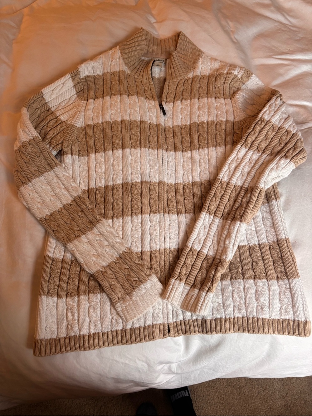 Vintage LL Bean Striped Cable-Knit Half-Zip Sweater - Beige & Cream